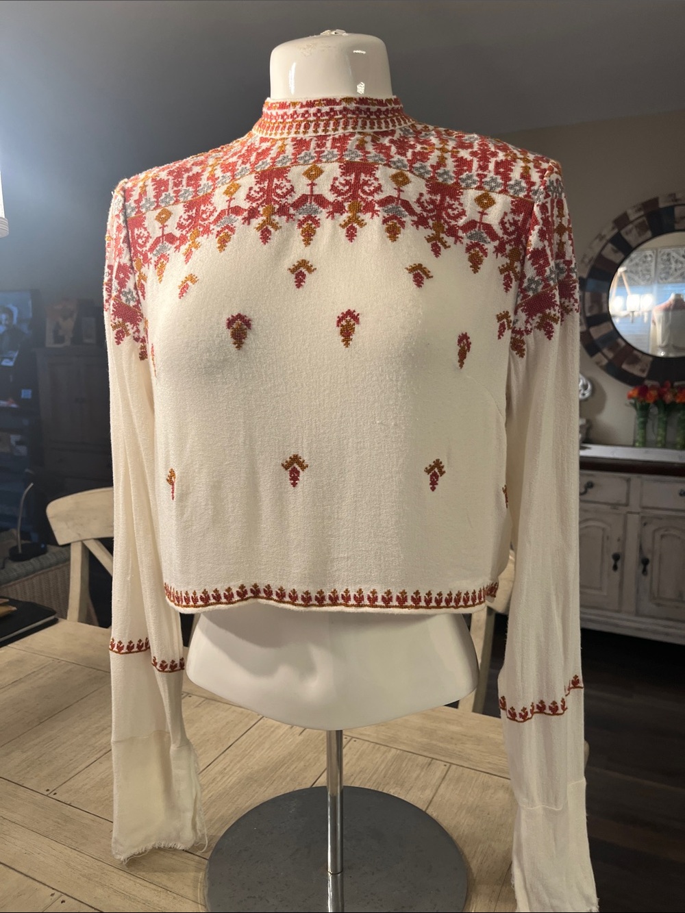 Ecote Ivory Long-Sleeve Embroidered Crop Top with Red and Gold Accents